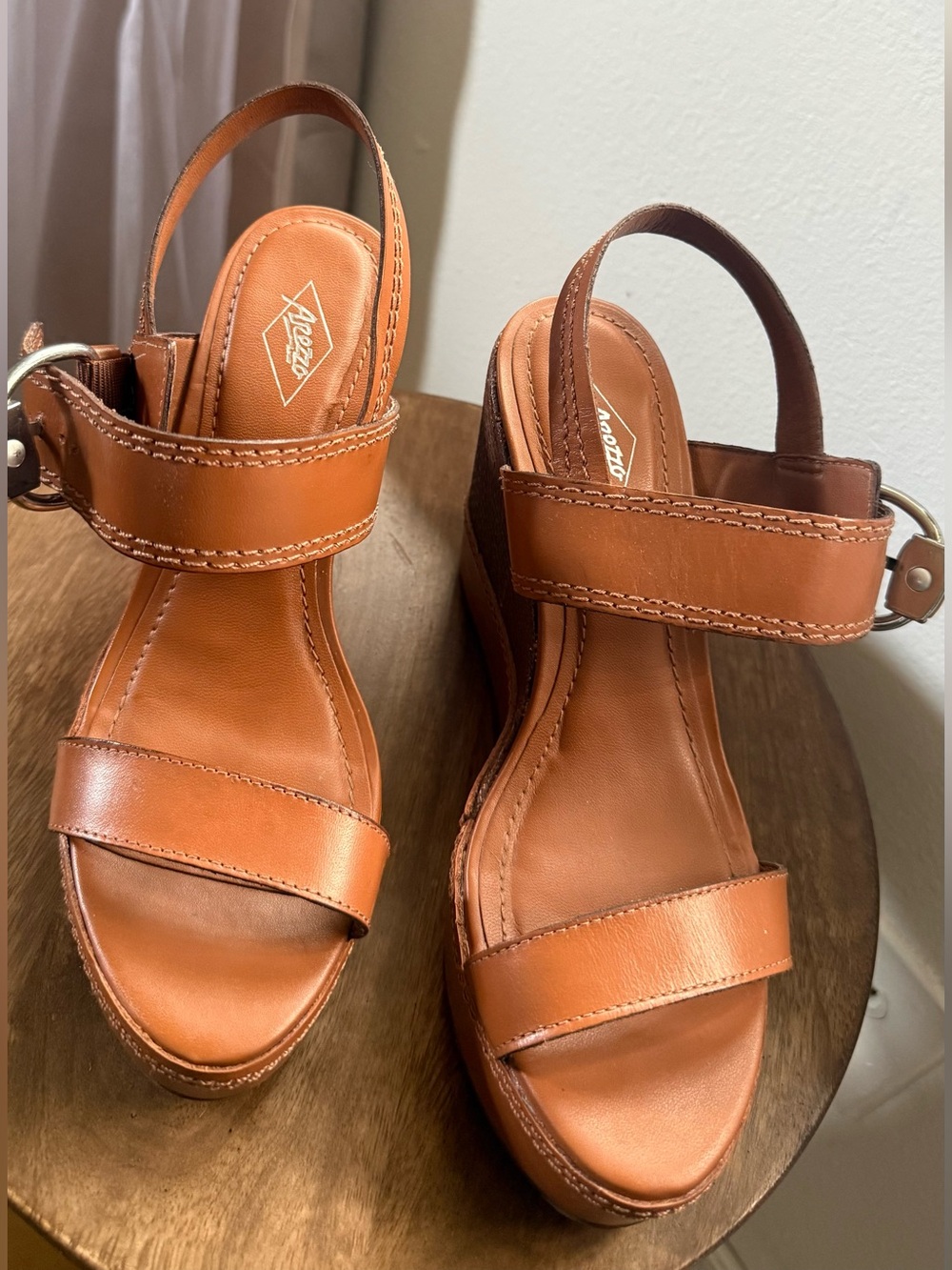 Arezzo Tan Wedge Sandals with Buckle – Size 37 – New Without Tags